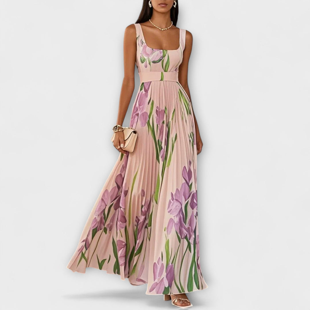 Robe Maxi Chiffon Fleurie Pliée