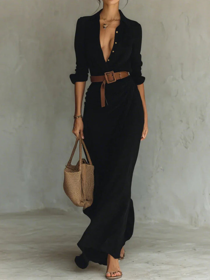 Camille™ | Robe Maxi avec Revers et Ceinture