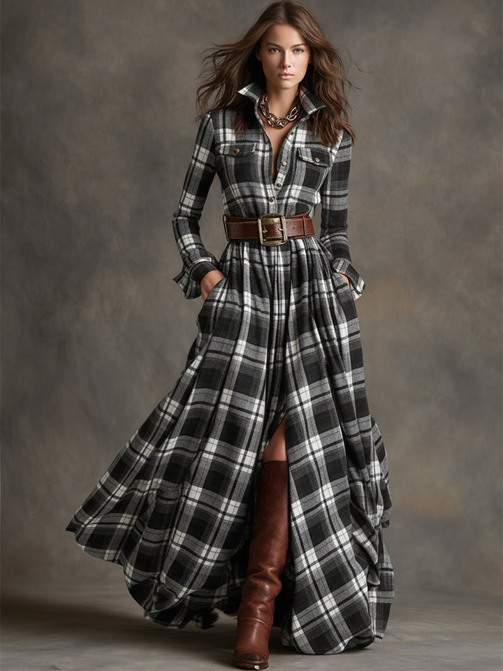 Giulietta - Robe Chemise Maxi à Carreaux avec Ceinture