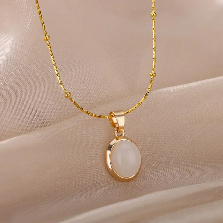 Collier Pendentif Goutte d’Eau en Opale en Acier Inoxydable Doré Chic