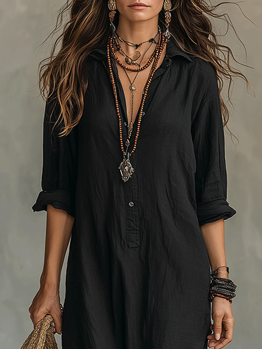Soline™ | Robe Maxi Noire Ample avec Boutons