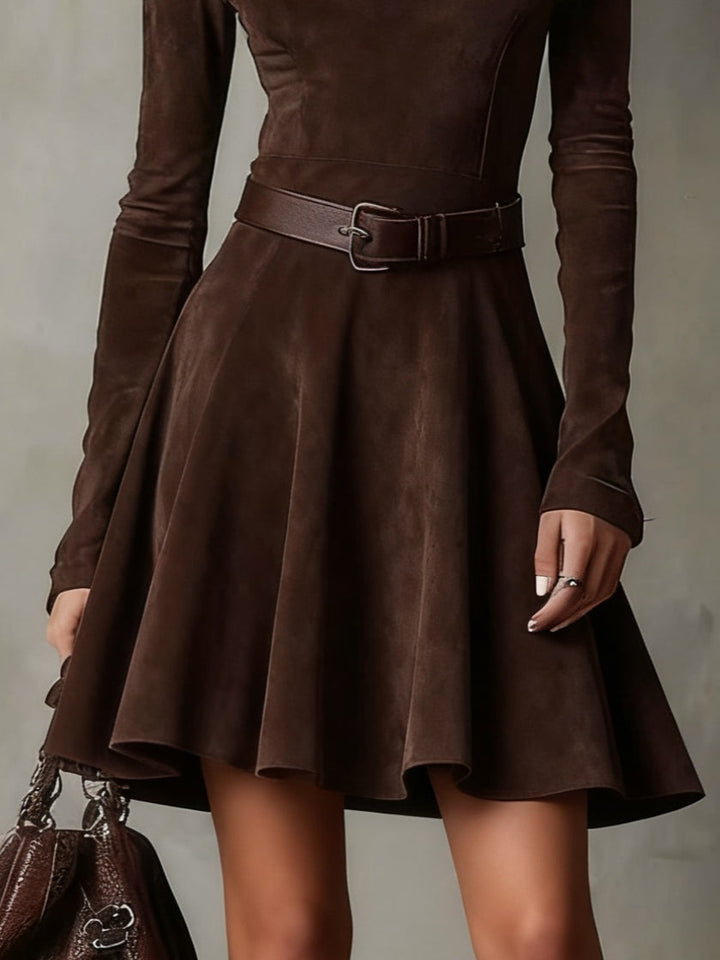 Noémie™ | Robe Mini Vintage en Suède Marron Foncé
