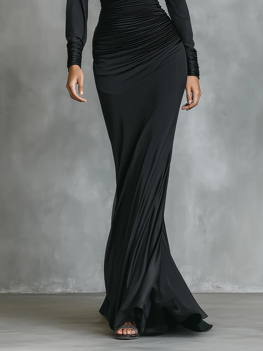 Célina™ | Robe Maxi Satin à Épaule Dénudée en Noir