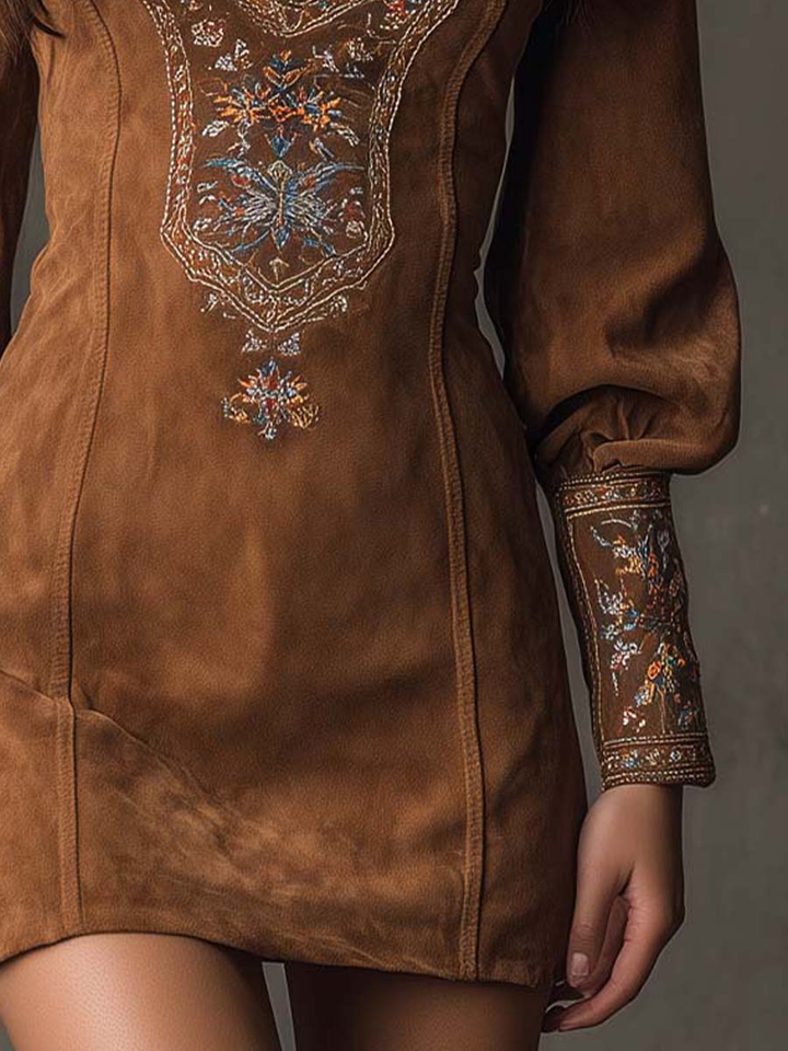 Lunori™ | Robe Mini en Suédine Brodée en Violet