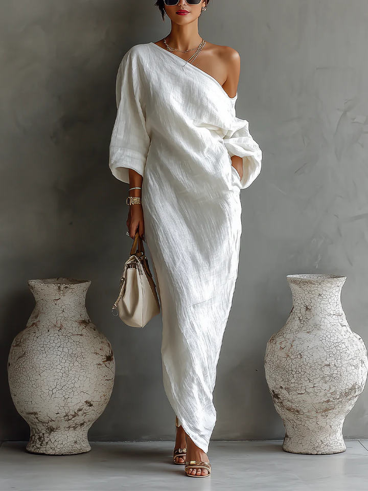 Elise™ | Robe Maxi Élégante à Épaule Dénudée en Blanc