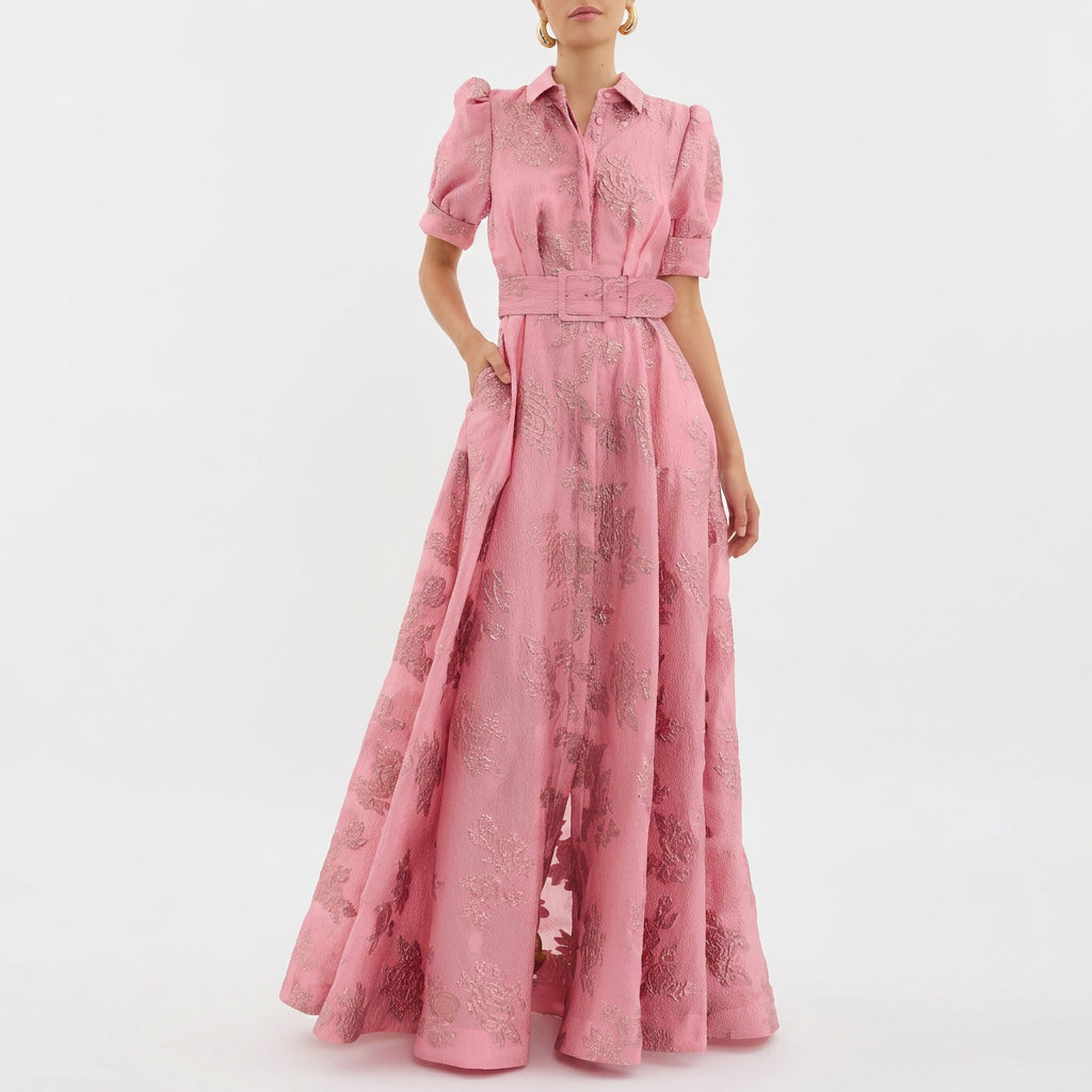 Matilde - Robe Longue en Jacquard Floral avec Ceinture