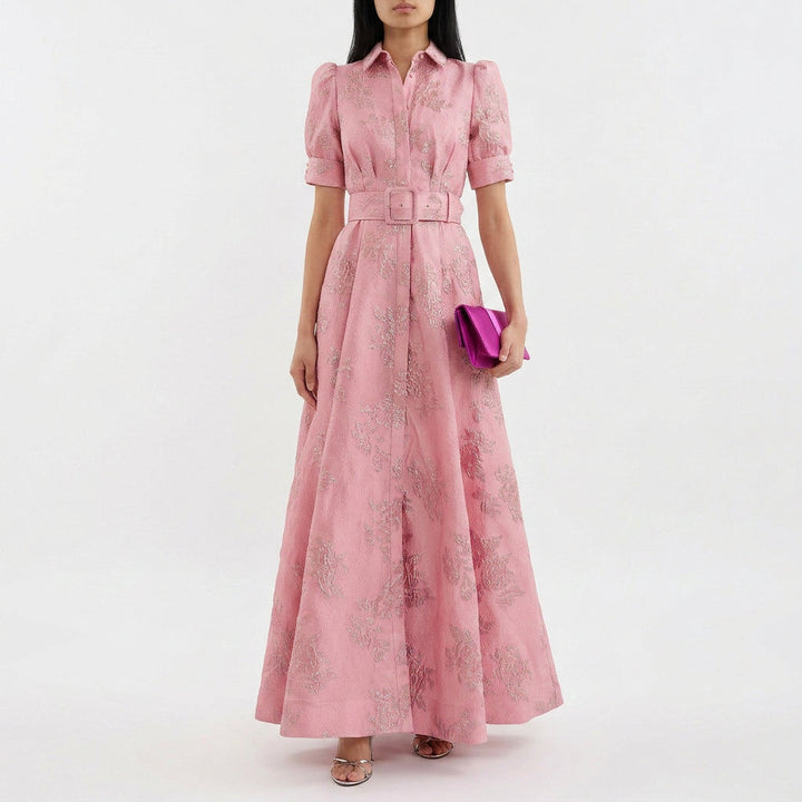 Matilde - Robe Longue en Jacquard Floral avec Ceinture