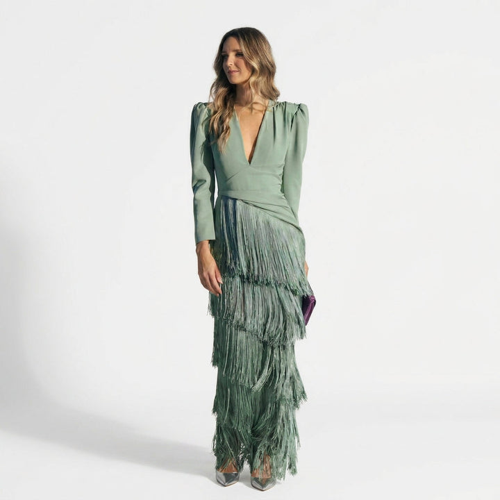 Gabriela - Robe Longue à Franges avec Décolleté en V