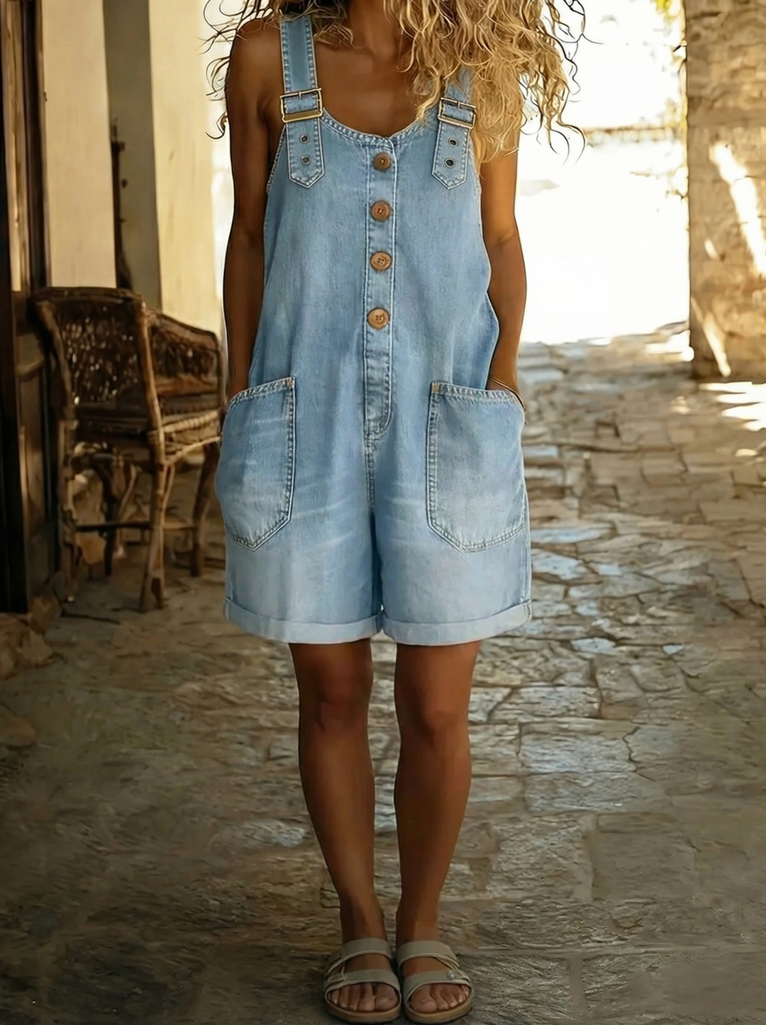 Louise™ - Salopette courte vintage en coton effet denim avec bretelles réglables