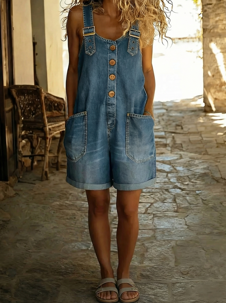 Louise™ - Salopette courte vintage en coton effet denim avec bretelles réglables