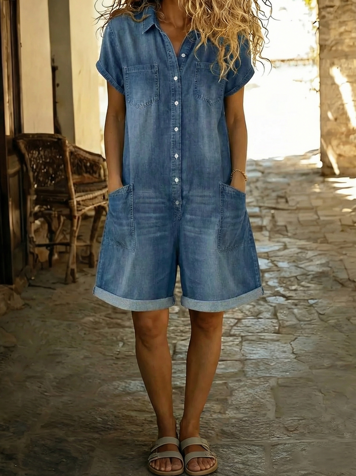 Margaux — Salopette courte vintage en coton effet denim