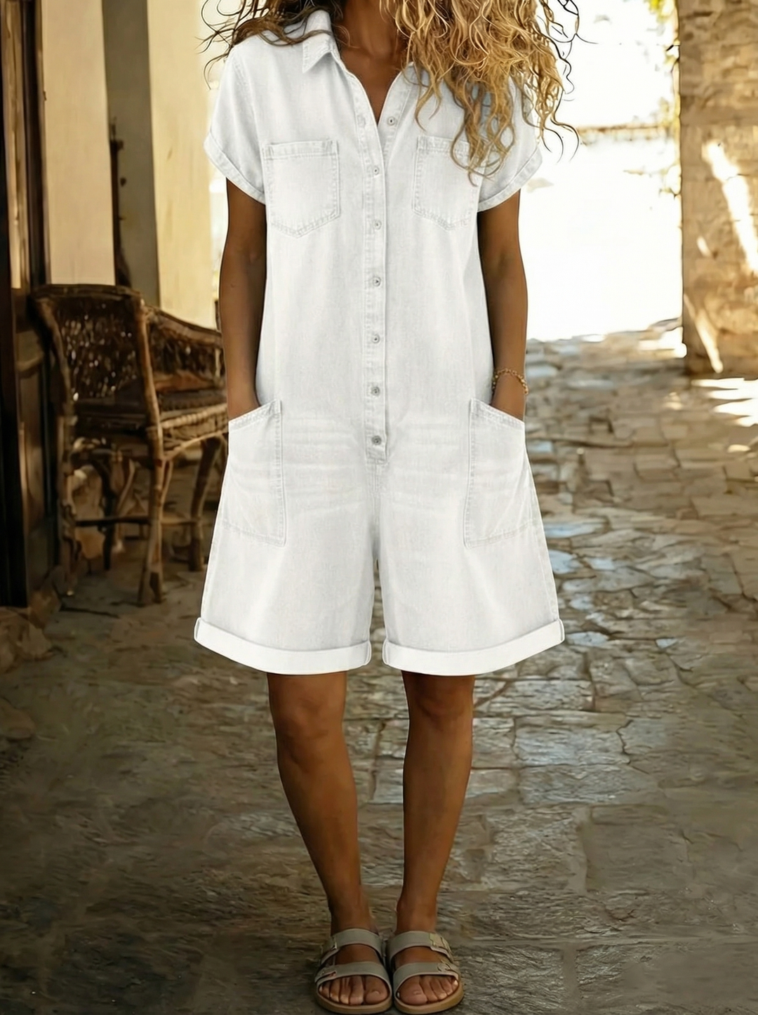 Margaux — Salopette courte vintage en coton effet denim